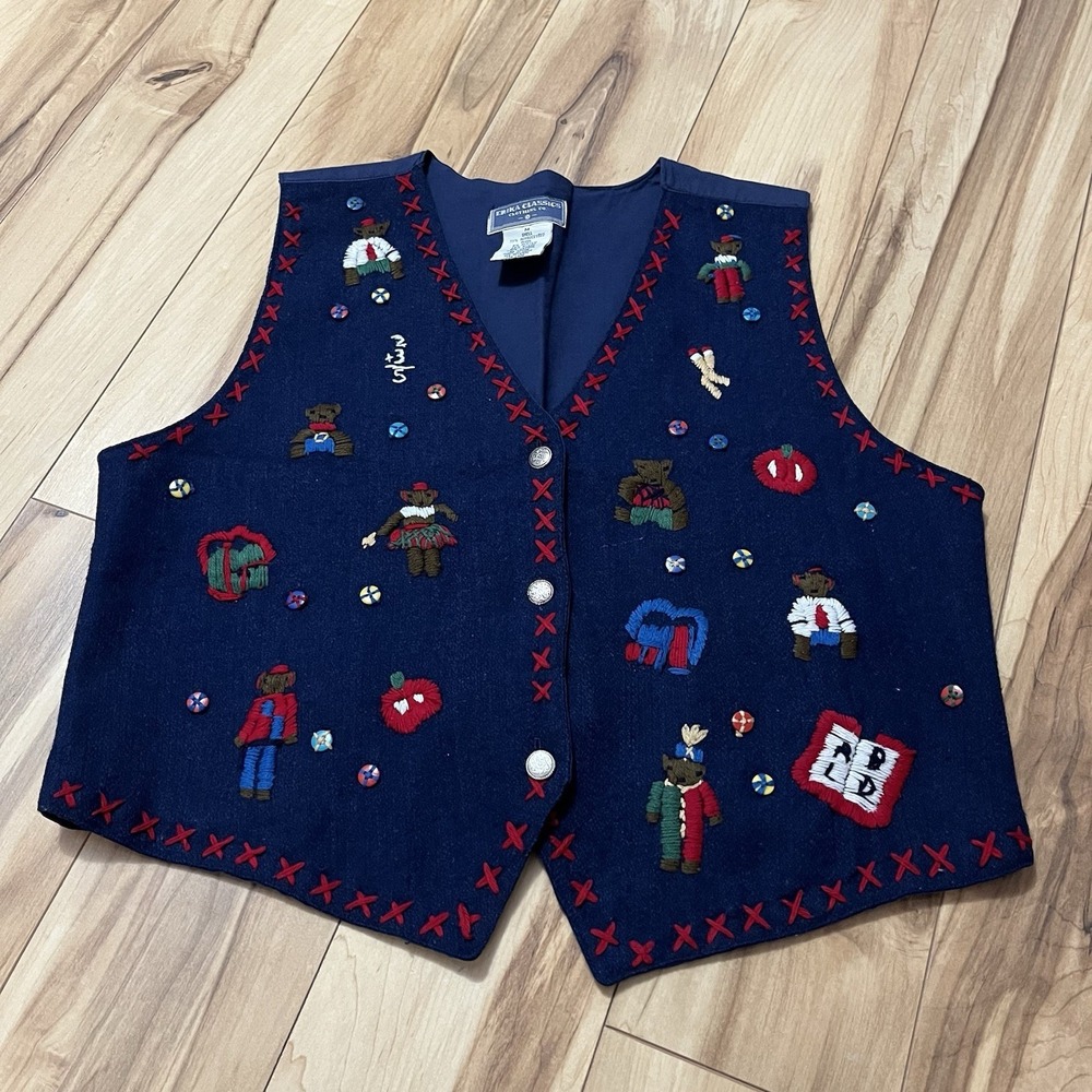 VTG Erika Classics Embroidered Academia Vest Wool Blend Sz M Bears Math Apple